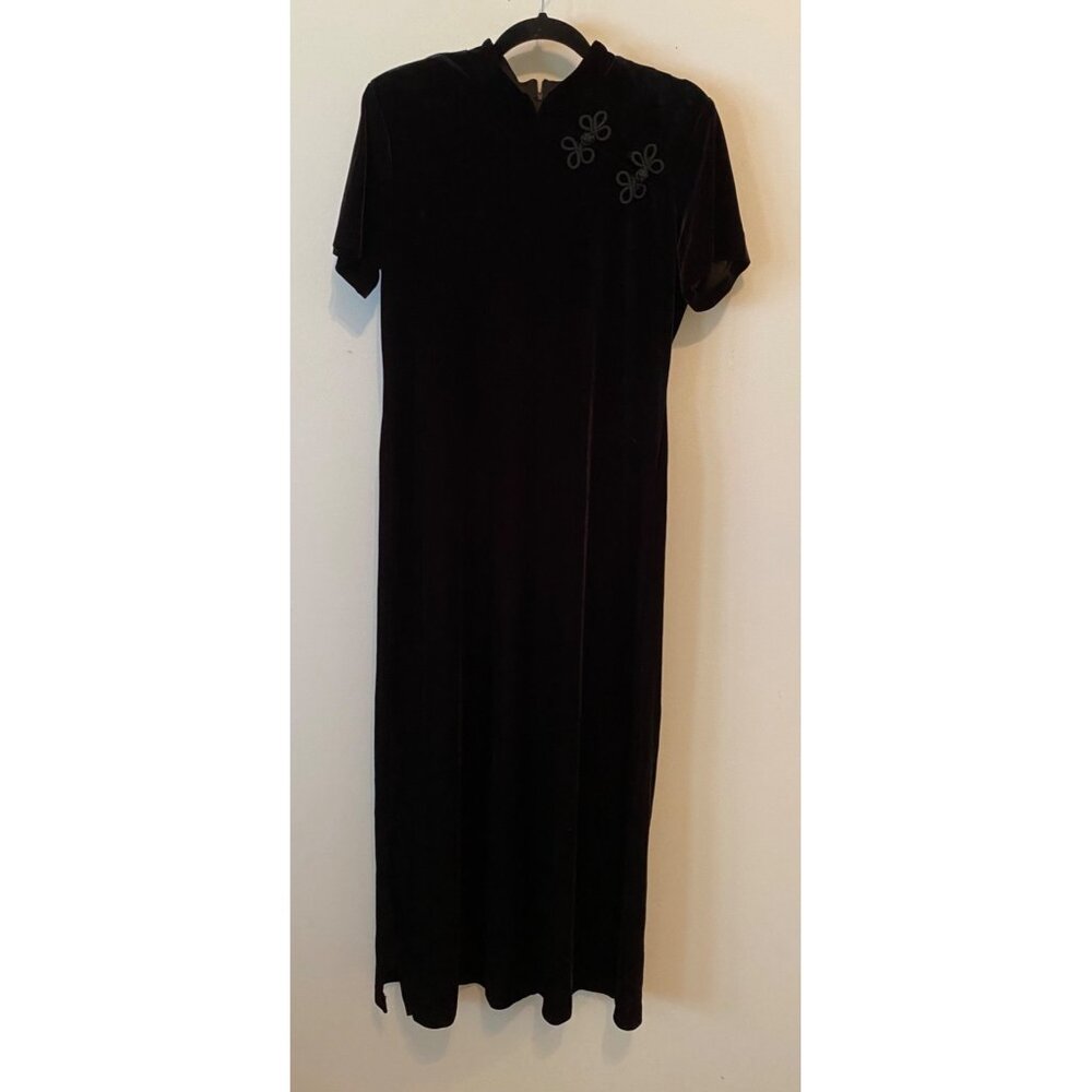 Molly Malloy Black Velvet Cheongsam-Style Dress Short Sleeve Elegant Size 12